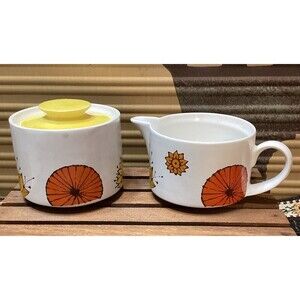 Up-Beat Stoneware Made In USA Creamer & Sugar w/ Lid Stacking Sunflower Floral
